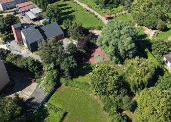 Widok z lotu ptaka na teren objęty inwestycją budowy Kanału Ulgi Potoku Strzyża w Gdańsku