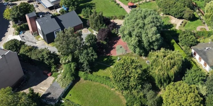 Widok z lotu ptaka na teren objęty inwestycją budowy Kanału Ulgi Potoku Strzyża w Gdańsku